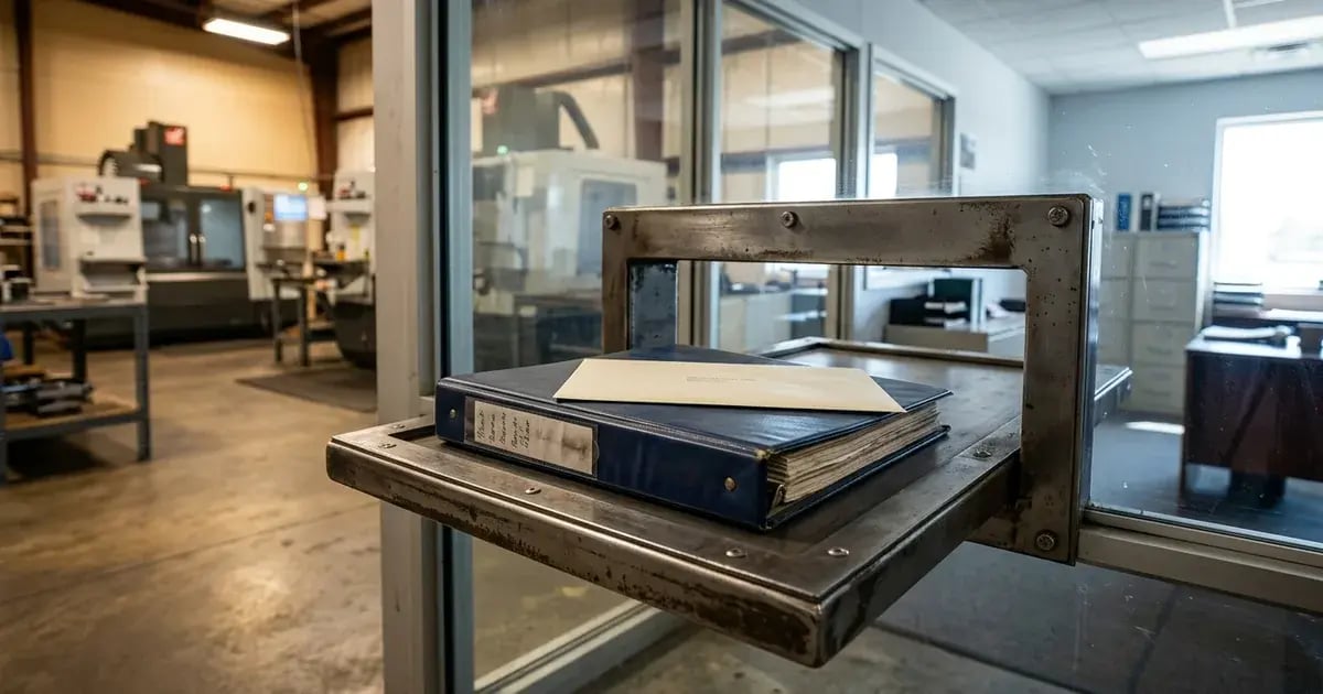 Acquisition letter resting on organized plant records at a factory pass-through station