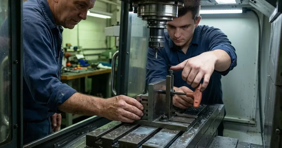 Two machinists fixing an adjustable setup stop using precision gauge blocks inside a stopped CNC machine
