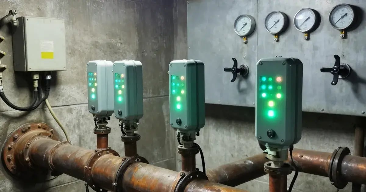 Industrial IoT sensor modules with green LEDs mounted on aged pipes alongside analog gauges