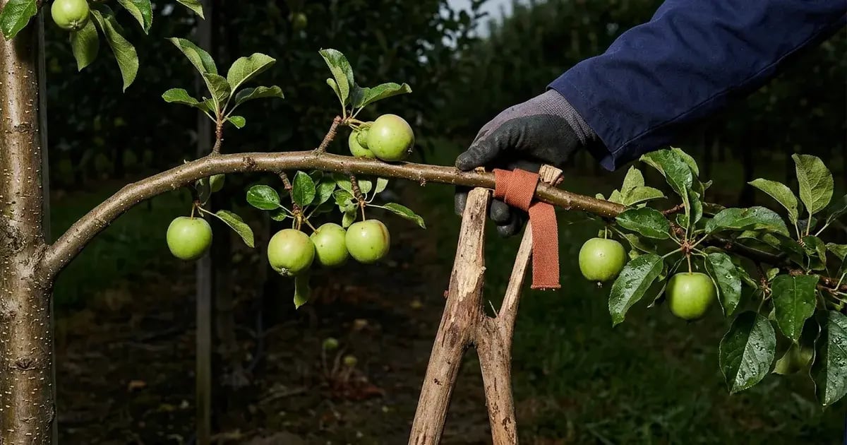 An orchard worker adjusts a wooden support beneath an intact apple-laden branch before it can break.