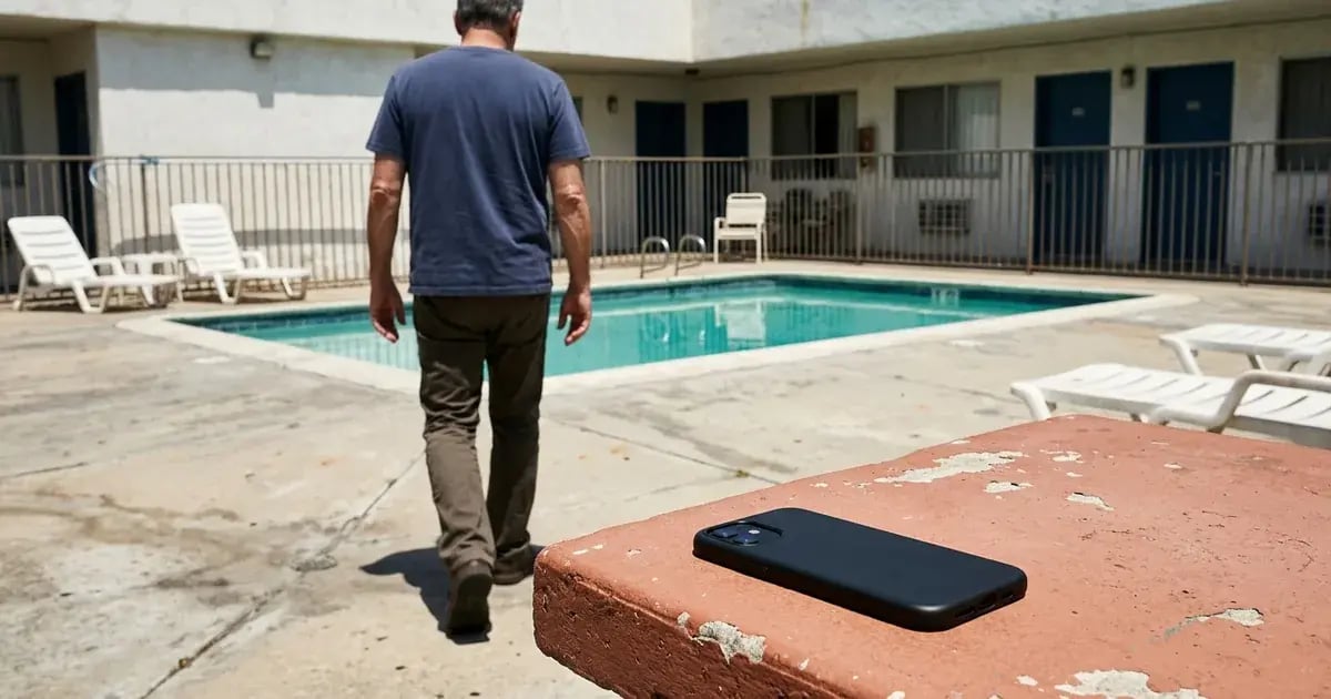 A face-down smartphone rests on a chipped motel-pool table while its owner walks away toward the water.