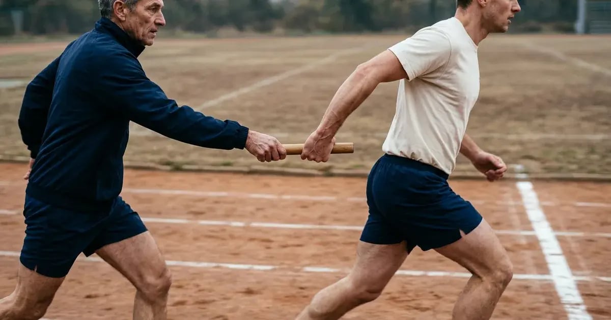 Exactly two runners moving right while both briefly hold the same relay baton before a finish line