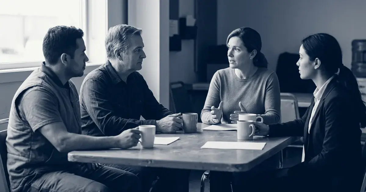 An owner, a longtime manager, and employees talk around a break-room table at a small privately owned company.