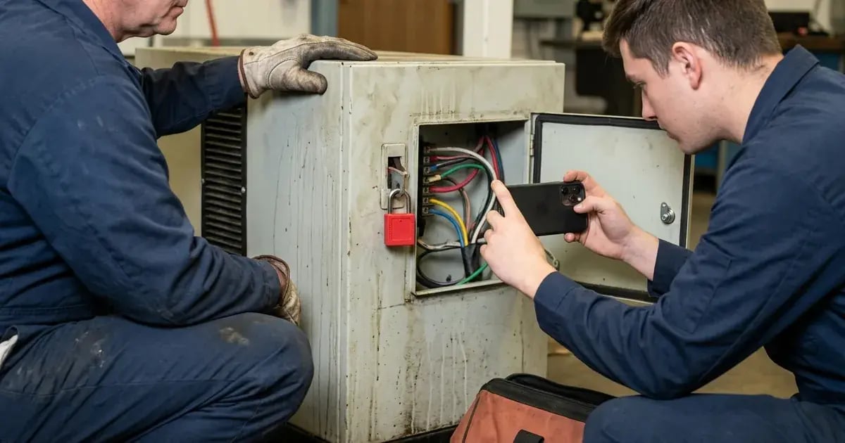 A younger field technician photographing a locked-out compressor wiring configuration while a veteran prepares the repair