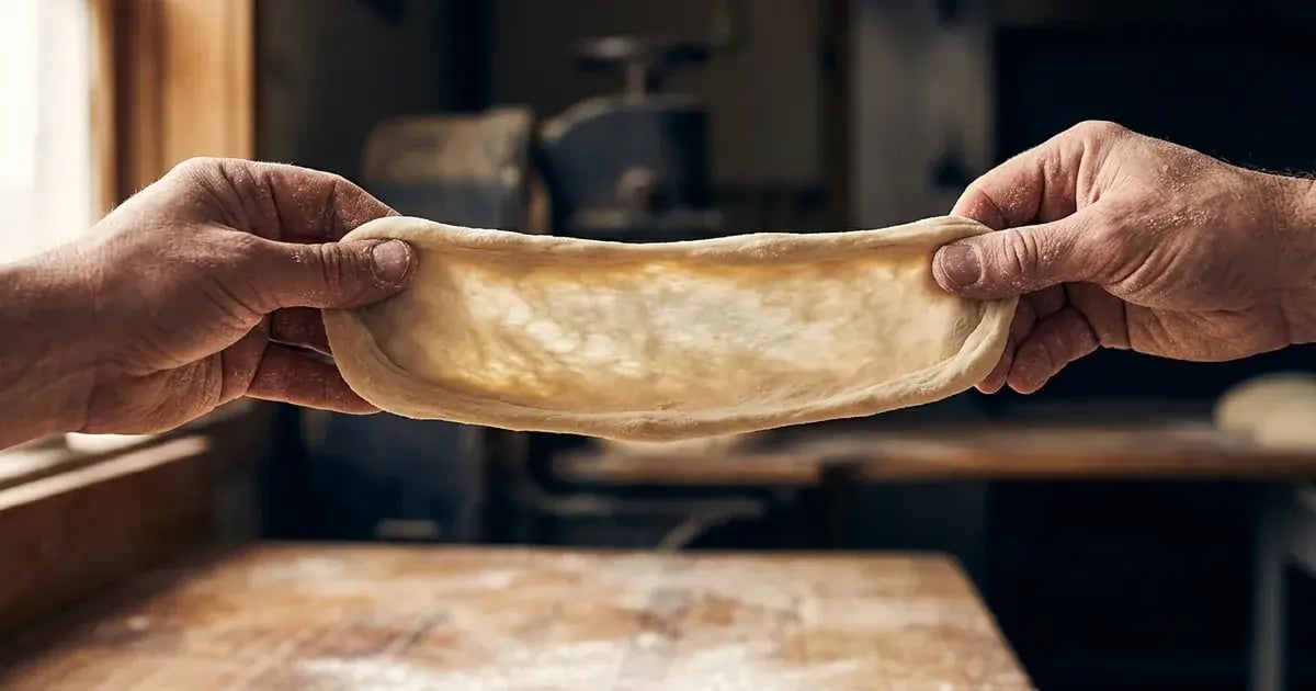 One left hand and one right hand stretching an intact translucent dough windowpane above a bakery workbench