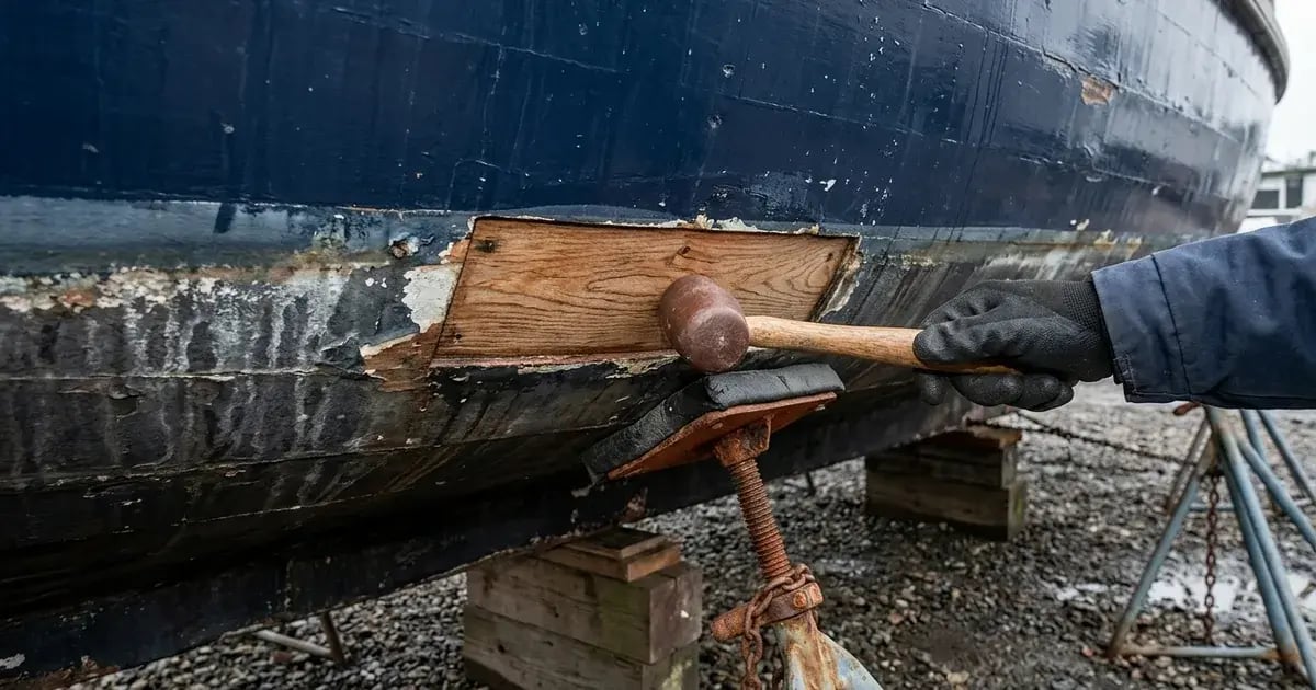 A surveyor tapping the lower plank of a supported working boat with a sounding hammer