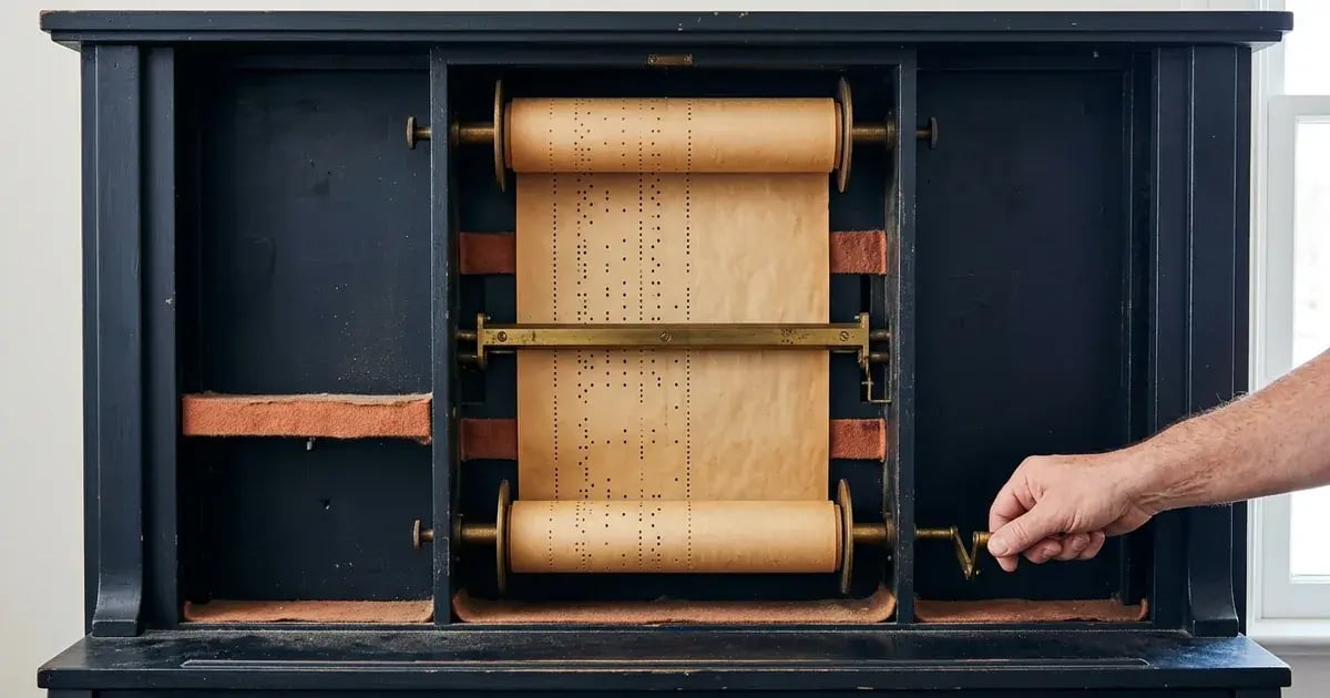 Close view of a perforated paper roll feeding tautly through the mechanism of a worn player piano.