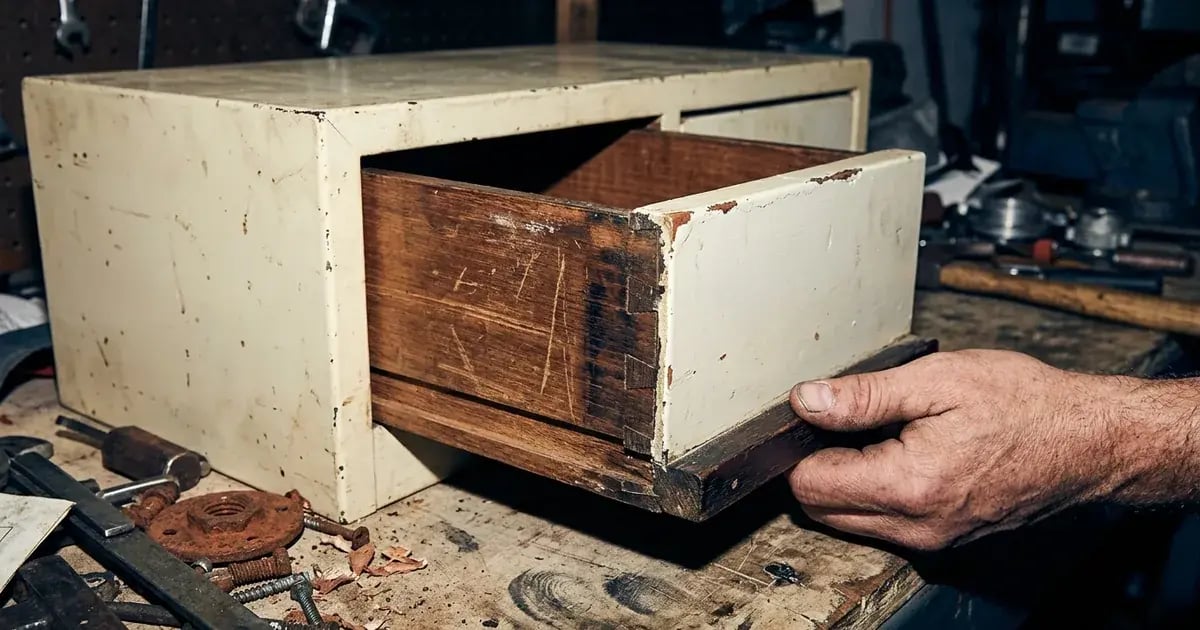 A hand pulling an old cabinet drawer to expose its sound dovetail joinery beneath the painted front