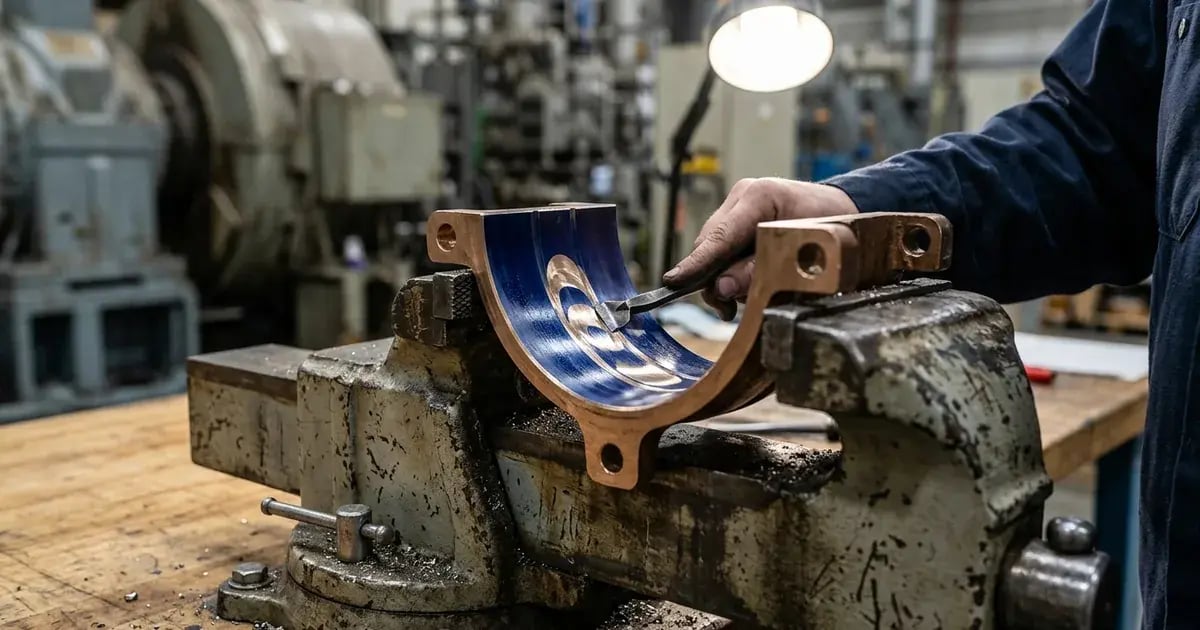 Field machining specialist hand-scrapes blue-dyed high spots from a clamped bronze bearing shell.