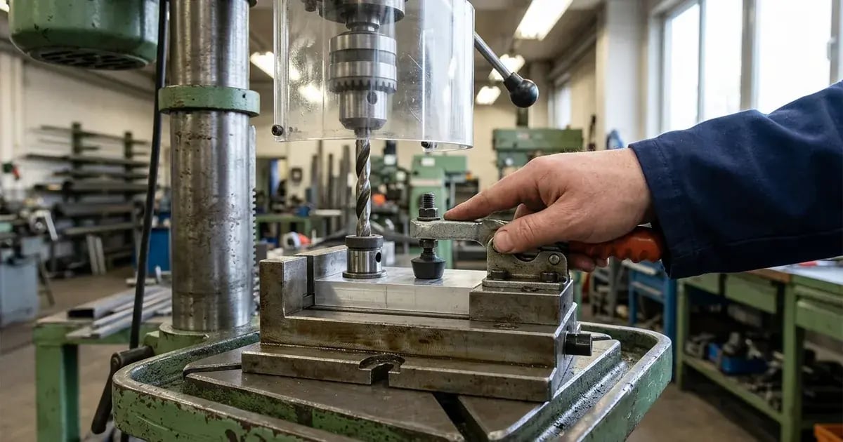 A shop operator clamping a metal blank into a keyed drill jig beneath a guarded drill press