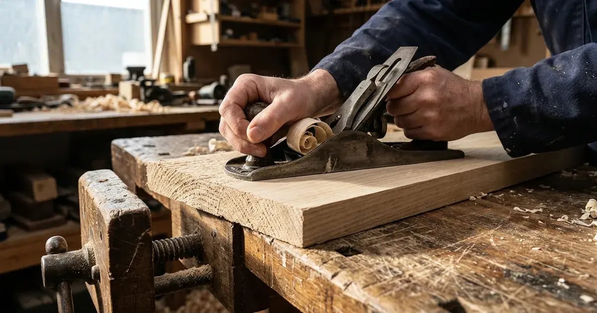 Two hands pushing a cast-iron hand plane across a clamped rough ash board, revealing straight grain behind the cut