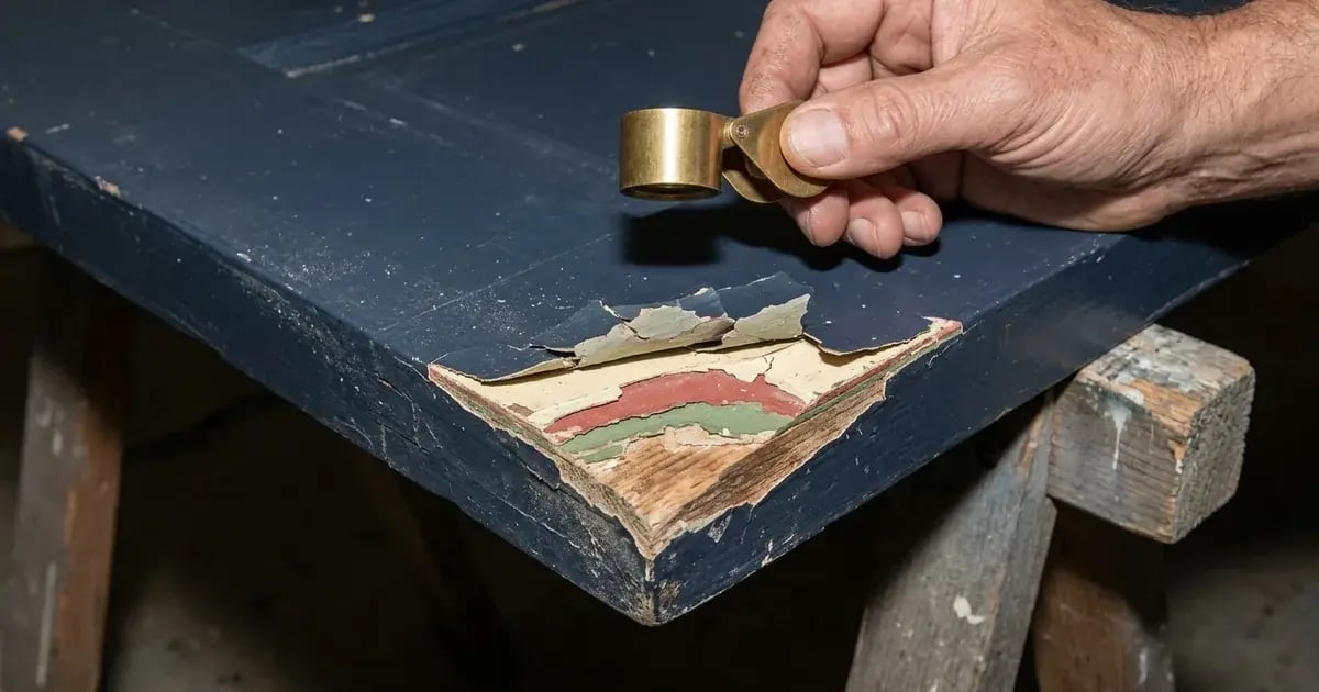 A conservator inspects naturally exposed layers of old paint at the chipped corner of a weathered workshop door.