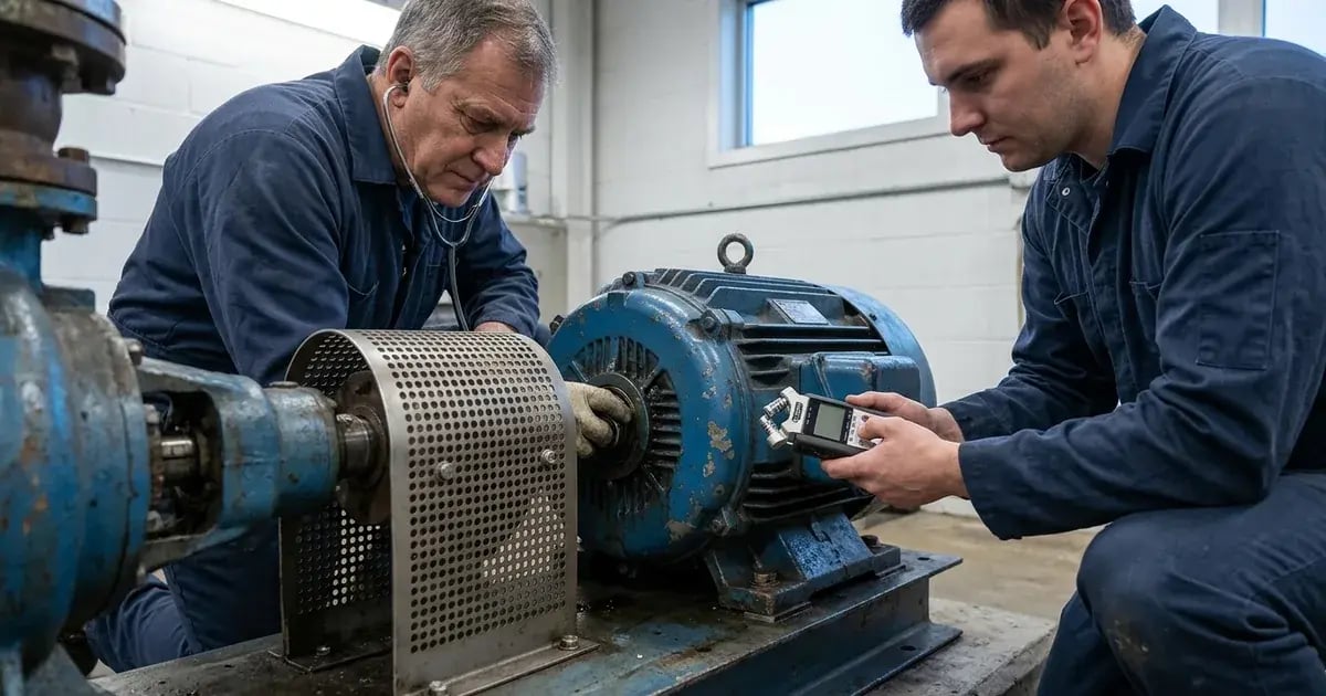 A veteran operator listening to a guarded motor bearing with a mechanic's stethoscope while a younger engineer records the same sound