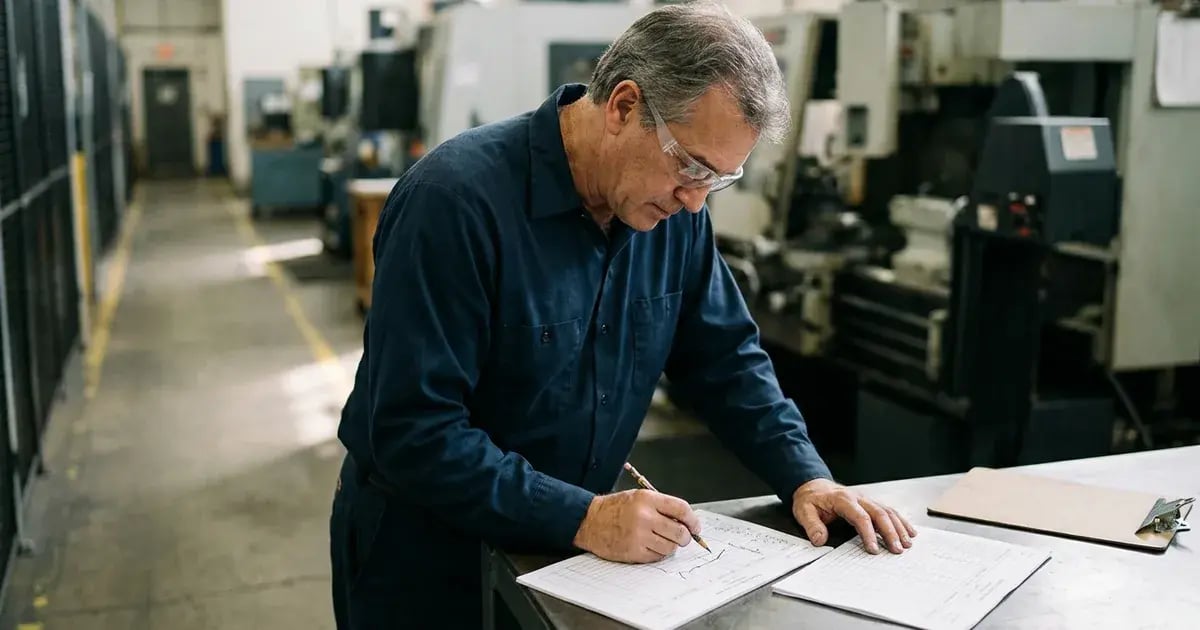 Manufacturing owner comparing a marked-up production schedule with a shipping log