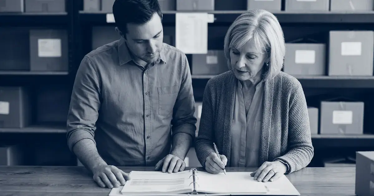 A younger buyer and an older business owner review a binder of printed financial statements together at a shop counter.