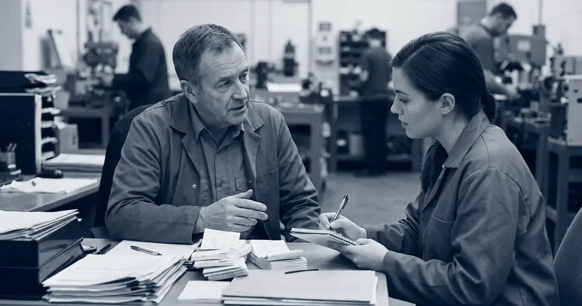 A young entrepreneur takes handwritten notes while an older owner explains the daily work at a desk of order tickets.