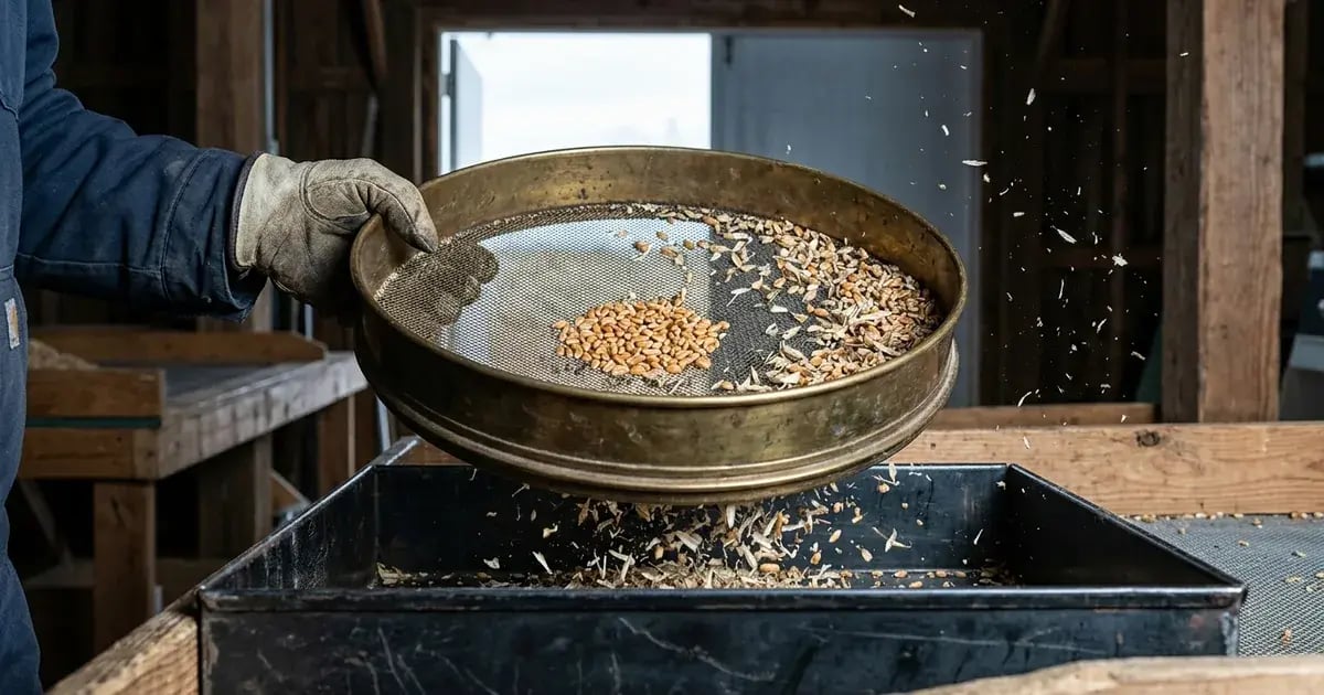 A gloved hand tilting a seed-grading sieve as chaff falls away and sound kernels remain