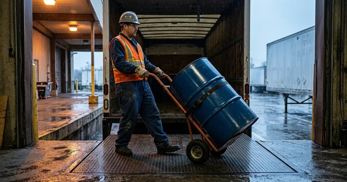 Chemical plant operator moves a sealed blue drum on a strapped dolly into a box truck in rain.