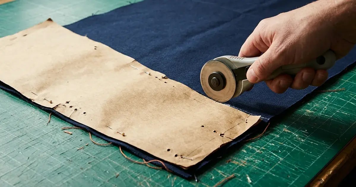 A hand cutting navy canvas along the edge of a worn reusable paper pattern