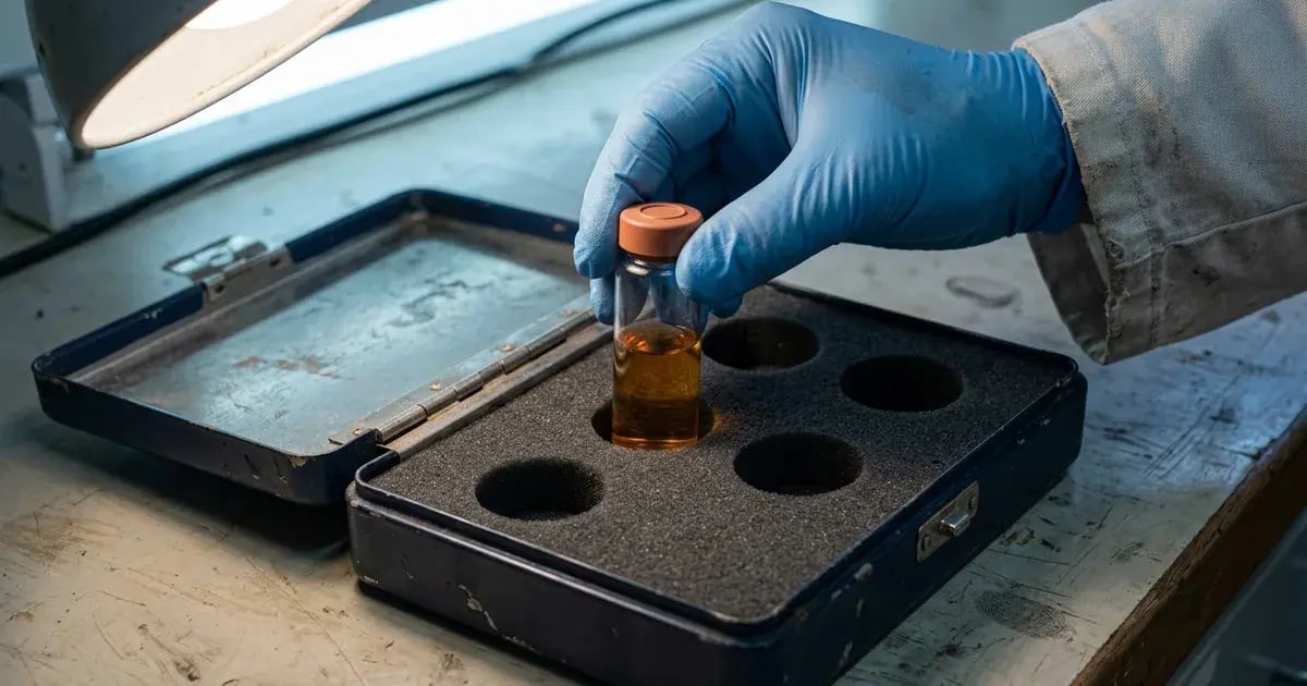 A senior chemist lowers one sealed golden-batch vial into a fitted foam slot in a metal sample archive case.