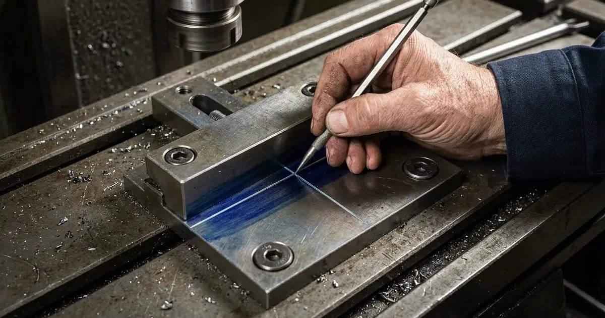 Veteran machinist scribes a bright witness line across a blue-dyed fixture seam on a stopped machine table.
