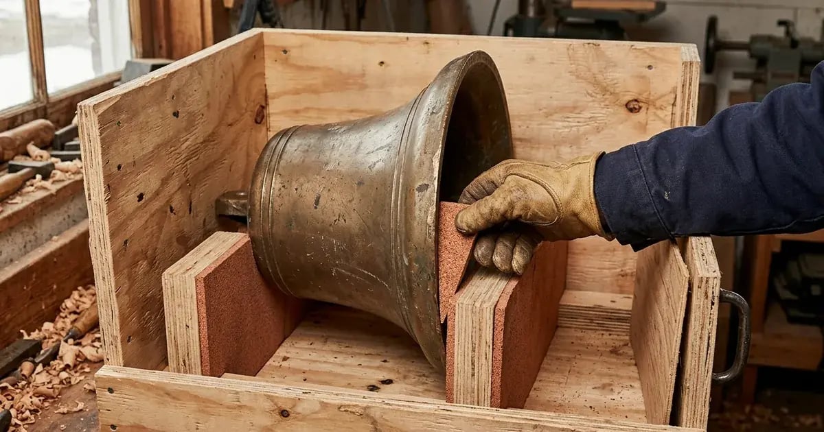 A gloved hand fitting the final cork pad into a custom timber cradle supporting an irregular bronze bell