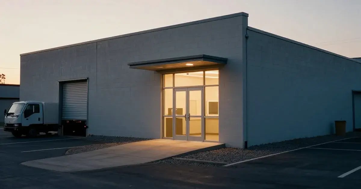Small industrial building exterior at dusk with lit entrance and delivery truck beside loading dock