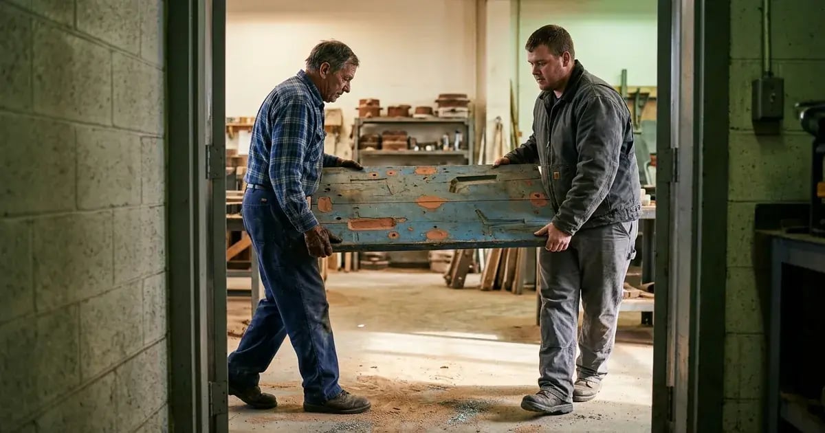 An older founder and plant leader carrying one weathered foundry pattern together toward a shared rack