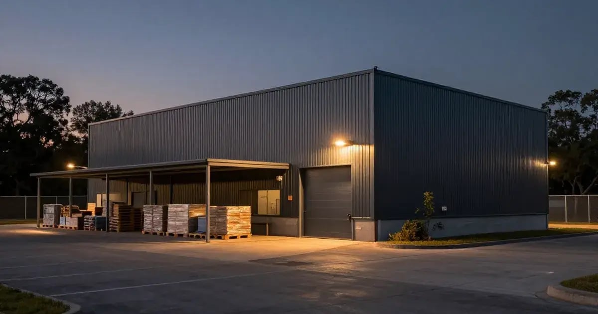 Metal-clad industrial warehouse at twilight with palletized inventory under covered loading area