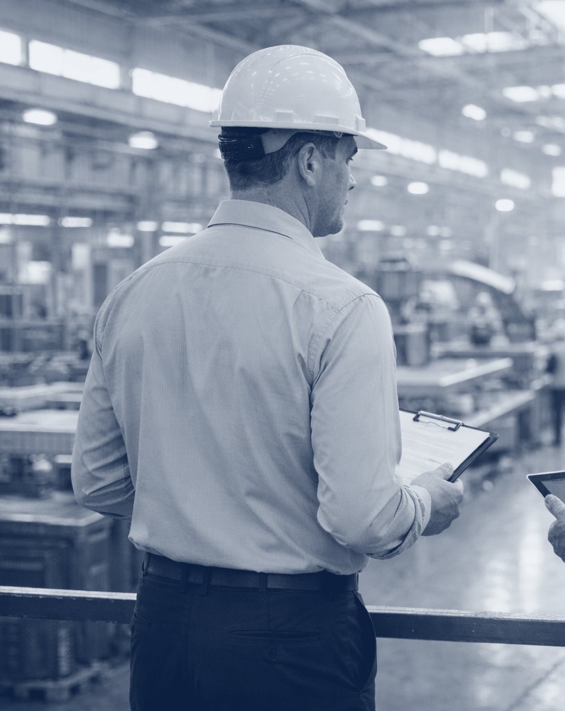 An owner in a hard hat looking out over his shop floor, seen from behind, in navy tones.