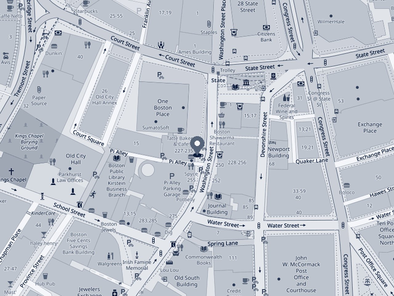 Street map of the Financial District in Boston with a pin at the HarborWind office on School St.