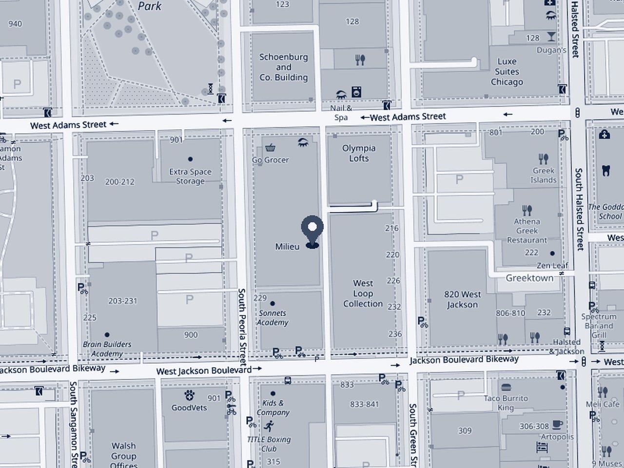 Street map of the West Loop in Chicago with a pin at the HarborWind office on W. Jackson Blvd.
