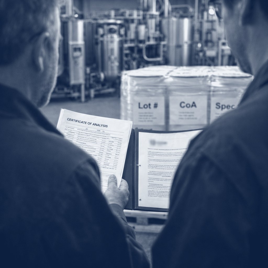 Two people reviewing a certificate beside process tanks, seen from behind, in navy tones.
