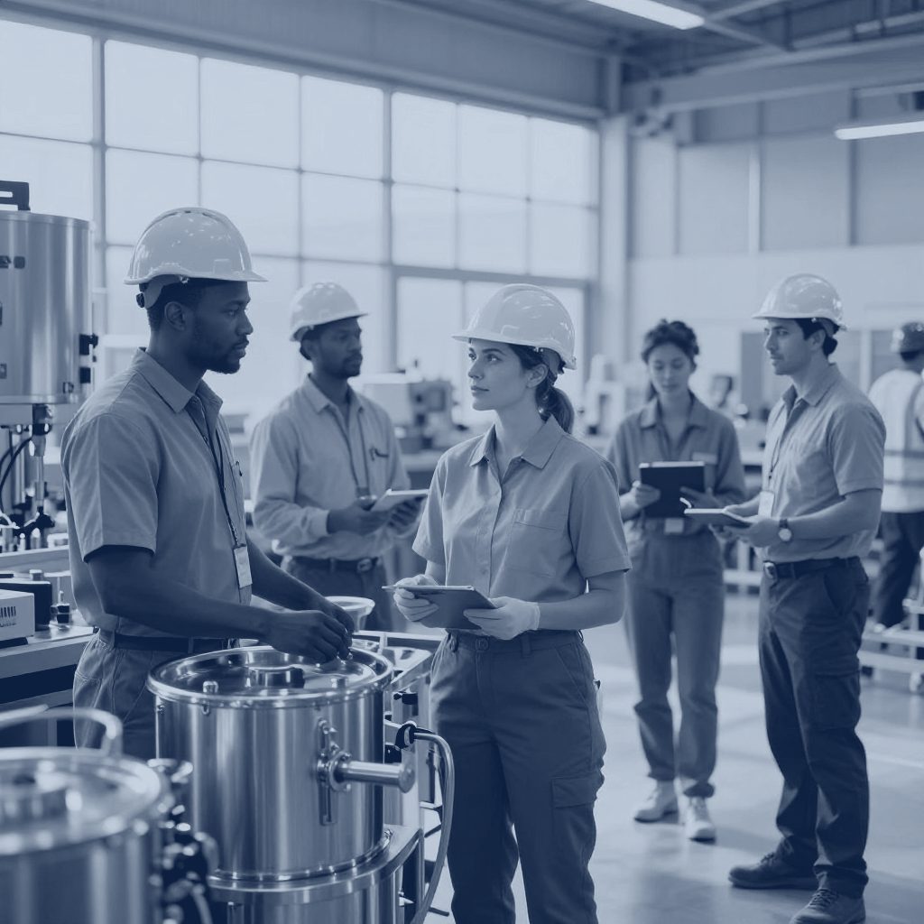 A mixed team of plant staff in hard hats gathered around a stainless steel vessel, rendered in navy tones.