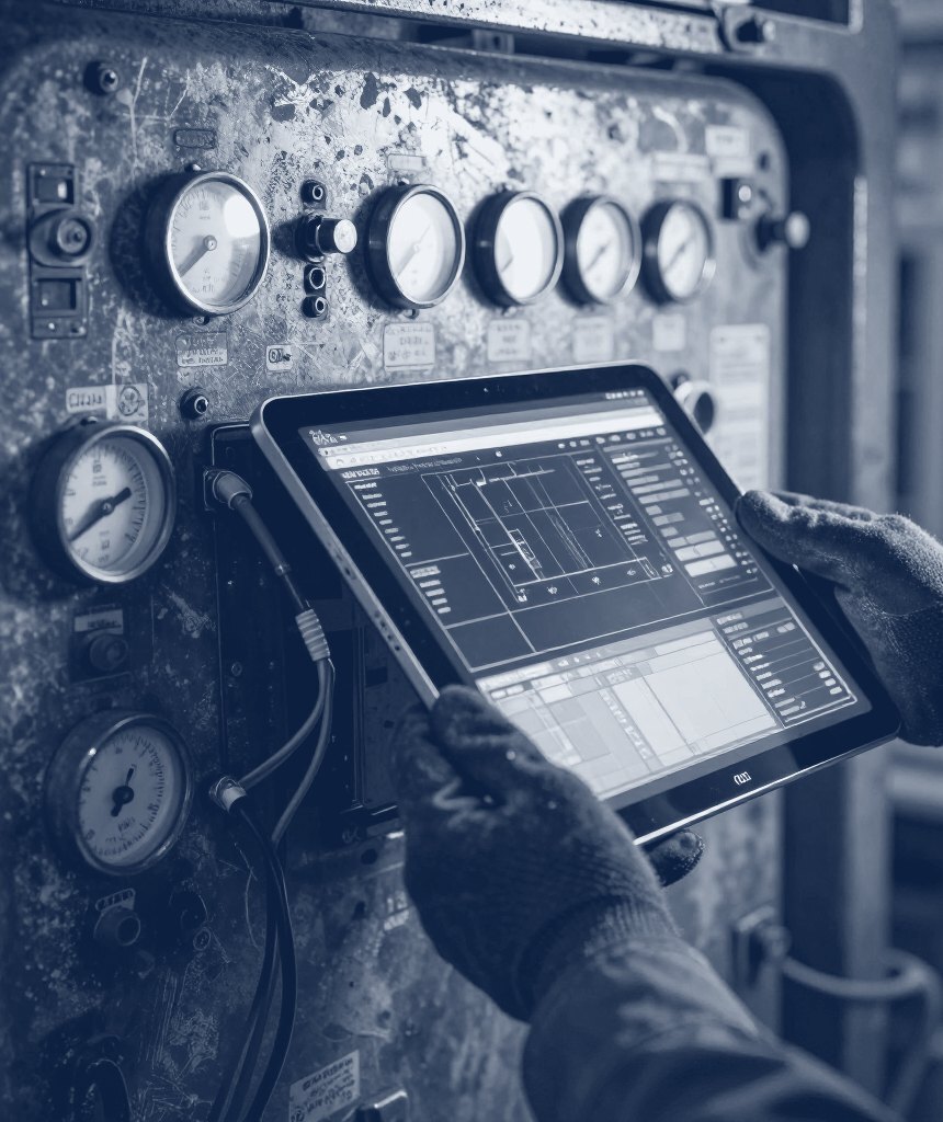 Gloved hands holding a tablet in front of a panel of analog gauges, in navy tones.
