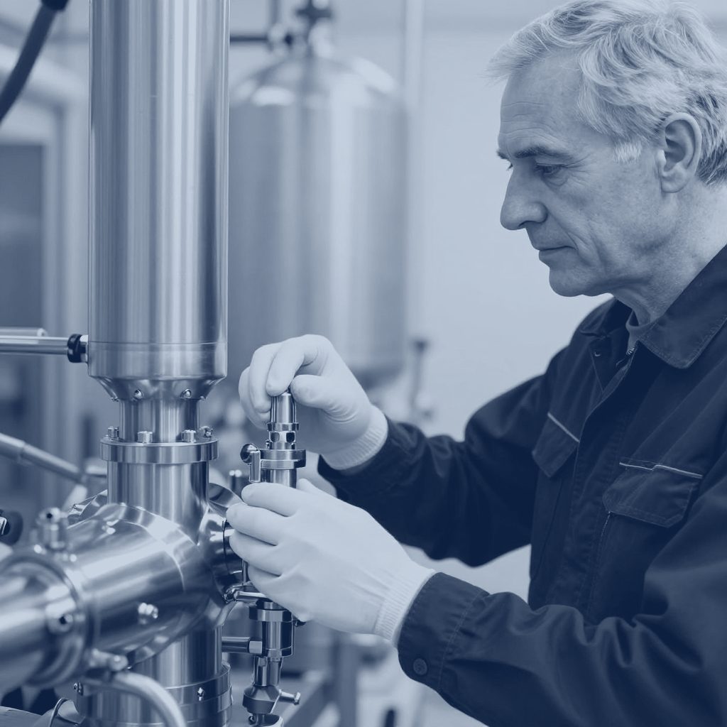 A technician adjusts a fitting on stainless process equipment, shown in navy tones.