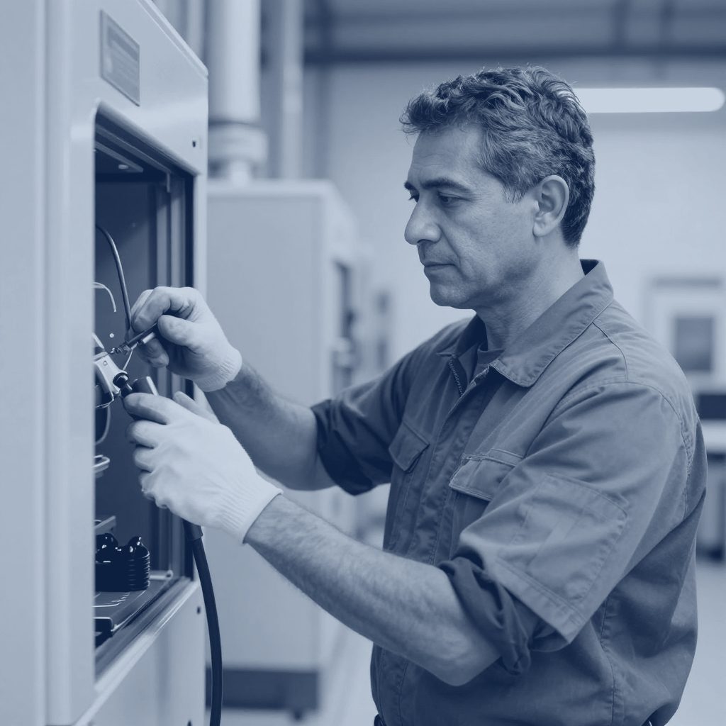 A service technician and equipment in the field, shown in navy tones