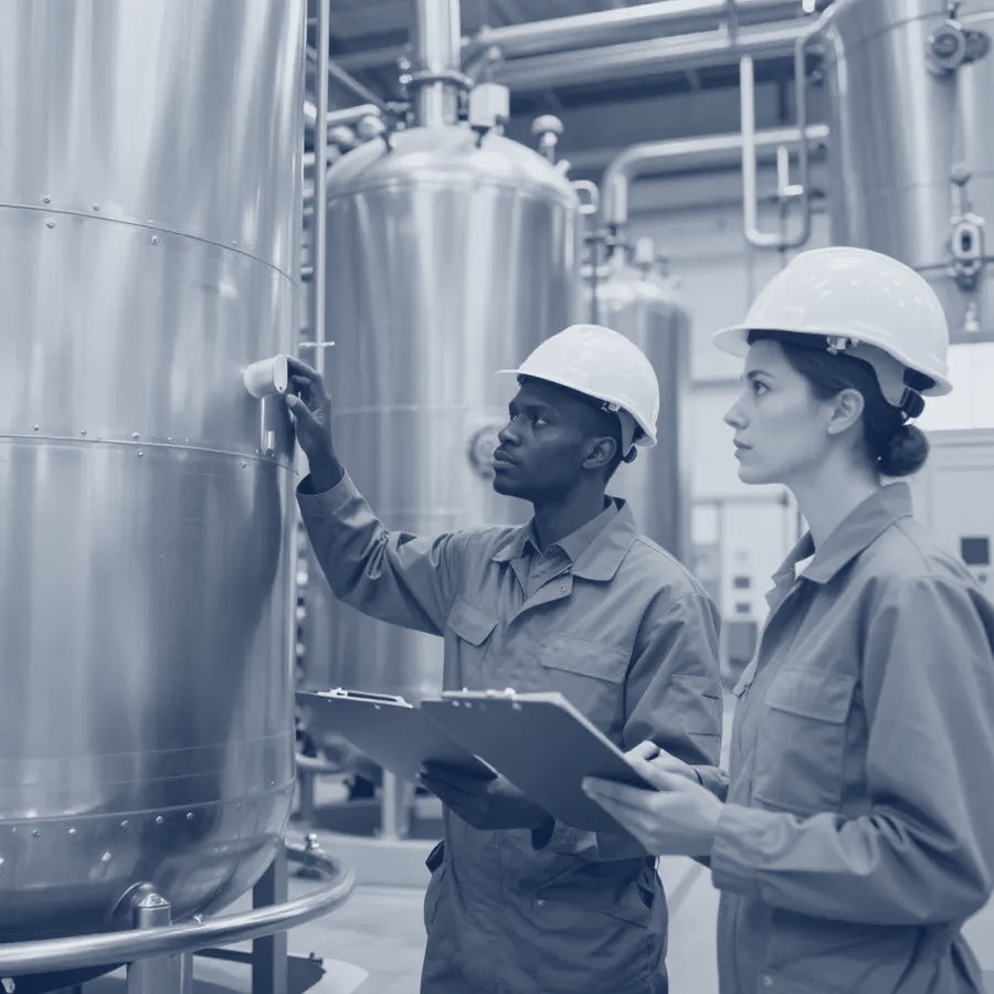 A chemist at work in a laboratory, shown in navy tones