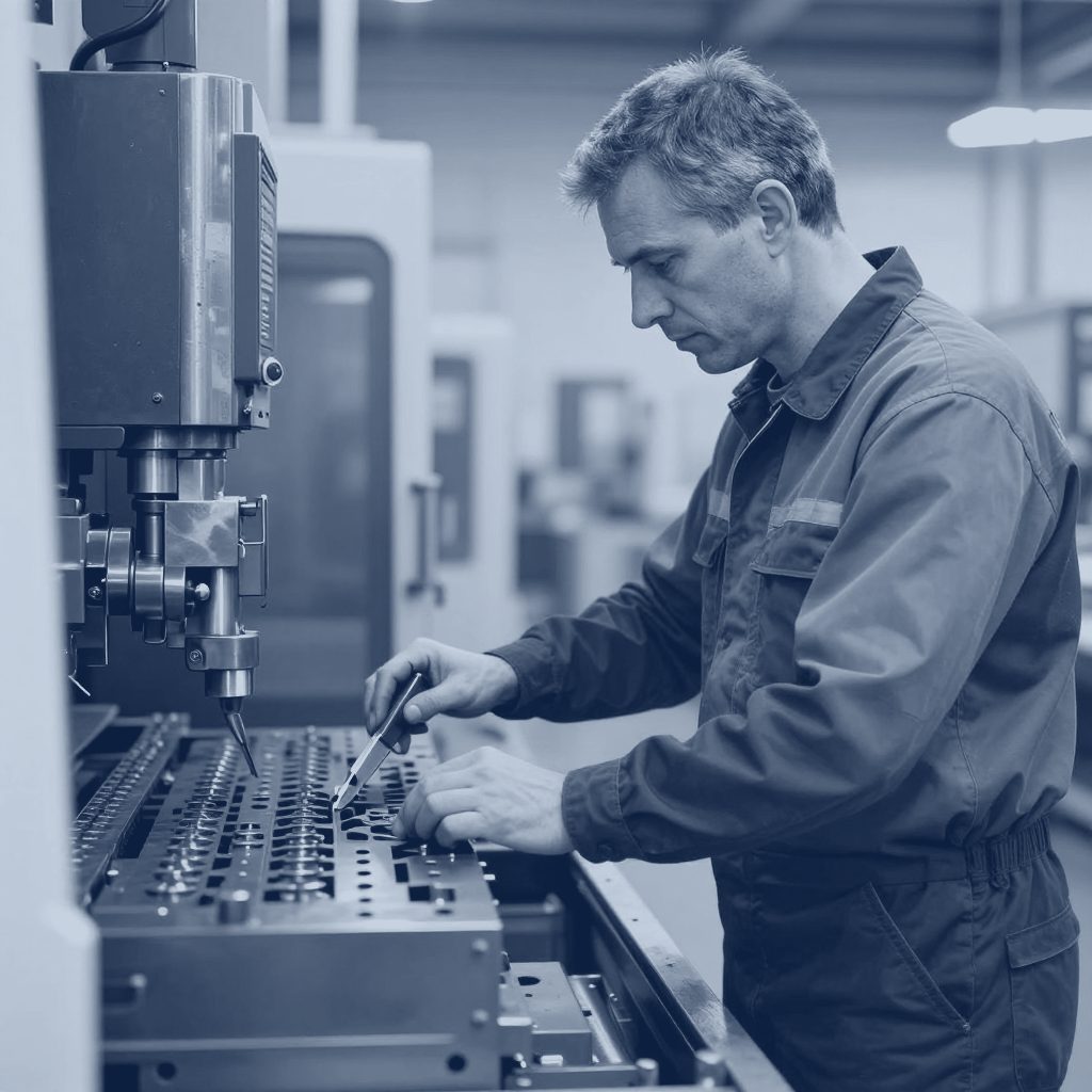 Precision machined parts on a shop floor, shown in navy tones