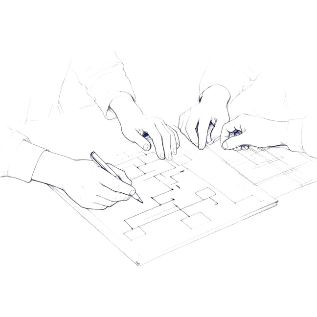 Two professionals collaborating over organizational flowcharts in navy blue line drawing