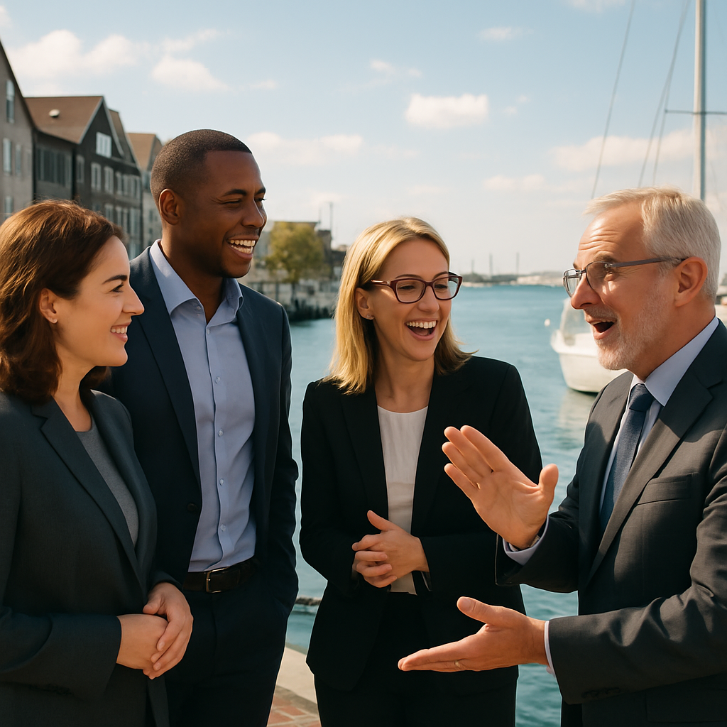 Business owners talking and discussing a really great idea in the harbor of a really popular comfortable city like Newport RI or Chicago navy pier