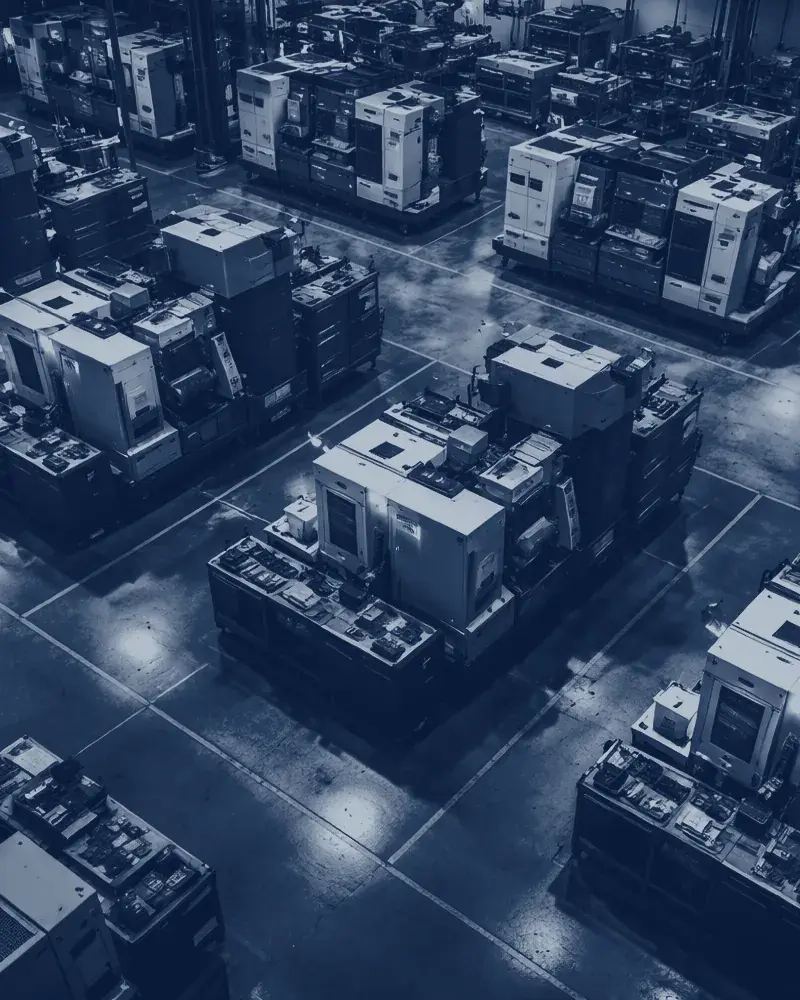A working machine shop floor seen from above, in HarborWind navy duotone