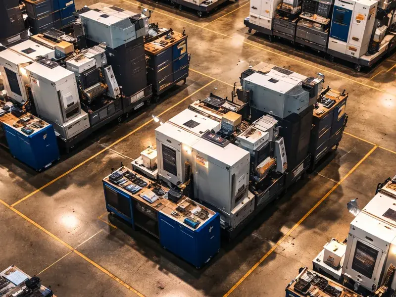 Rows of machining cells across a plant floor seen from above, in navy duotone