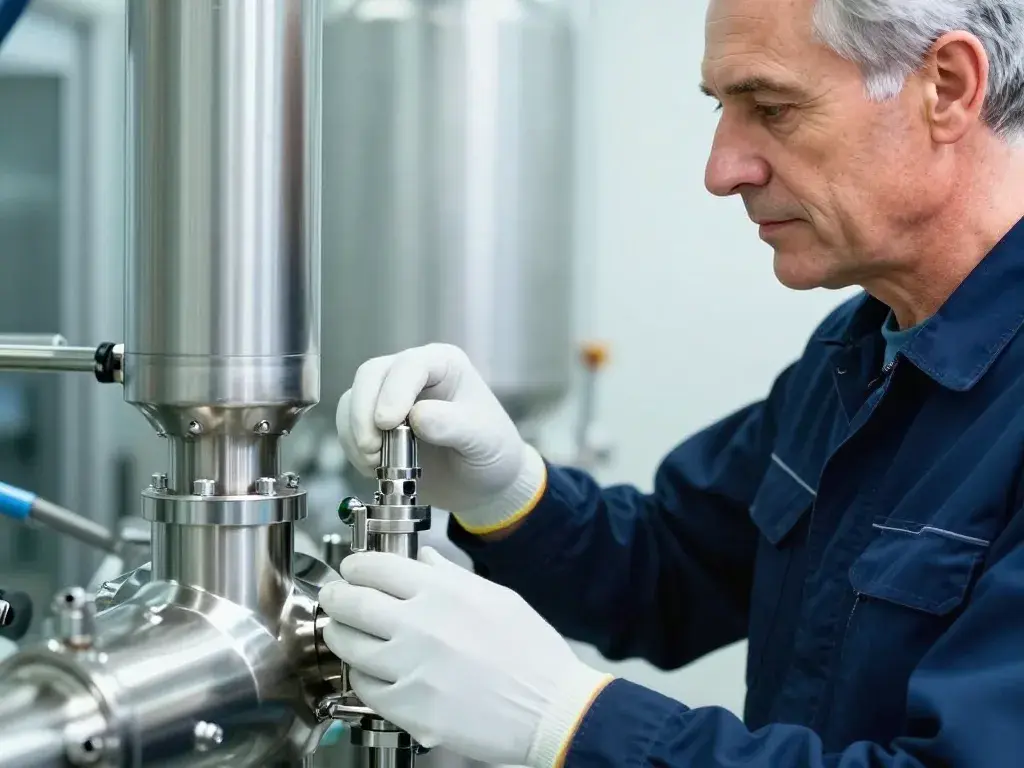 A specialty-chemical process line with valves and piping, in navy duotone