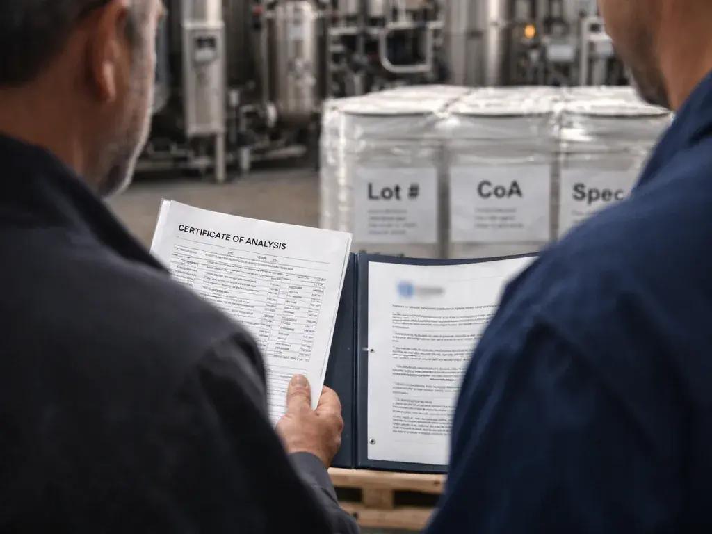 A quality-assurance bench with test documentation, in navy duotone