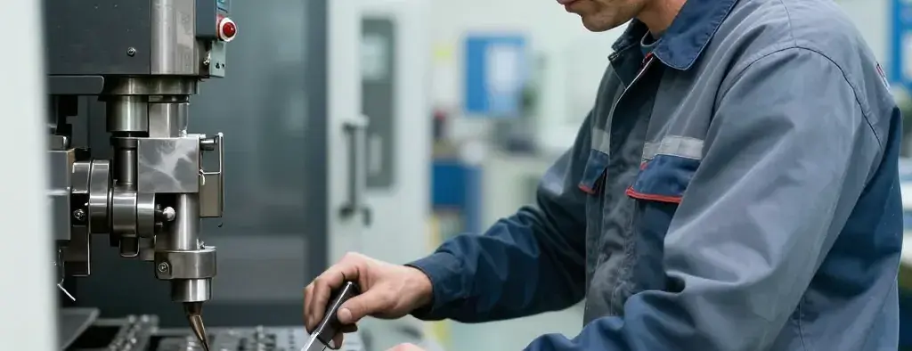A machinist working at a precision machine, in HarborWind navy duotone