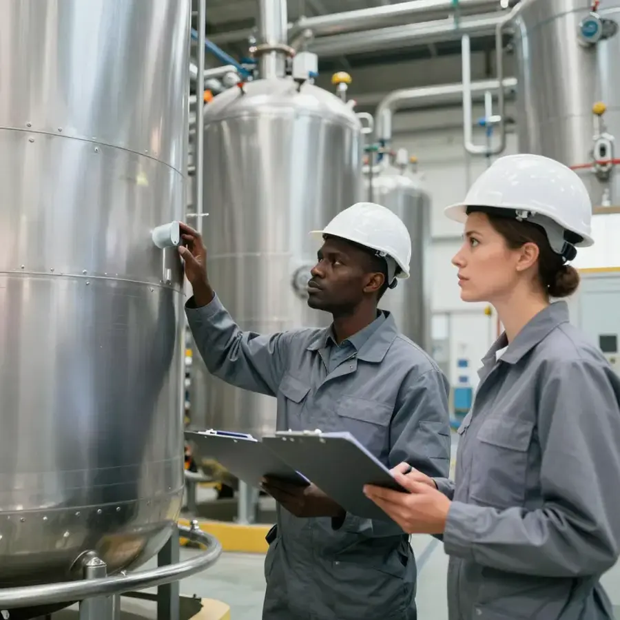 Engineers inspecting stainless steel reactors at a specialty chemical facility.