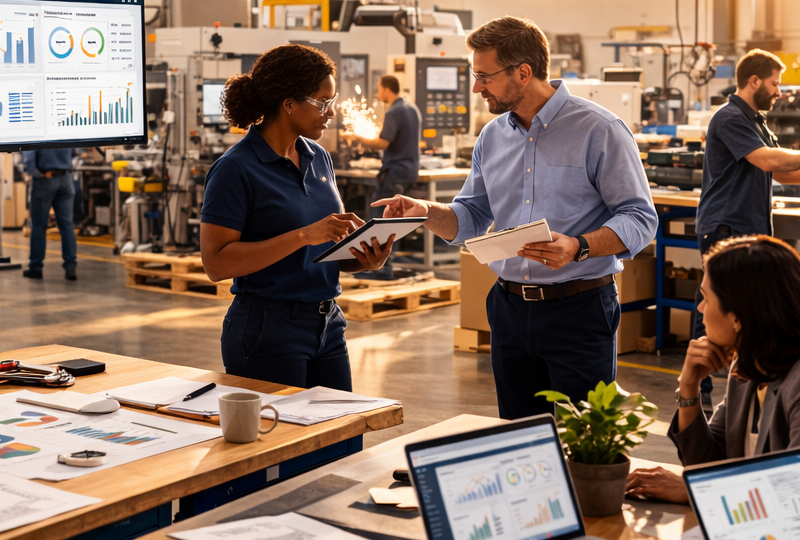 Team collaborating on the factory floor with dashboards