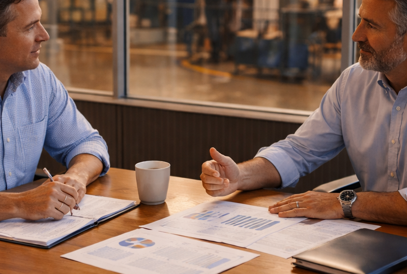 Two professionals in conversation at a conference table