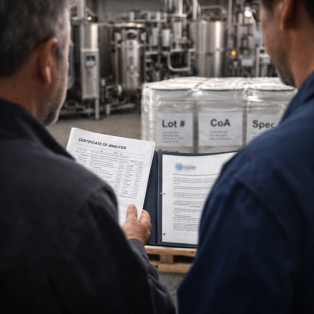 Two professionals reviewing a certificate of analysis on the shop floor